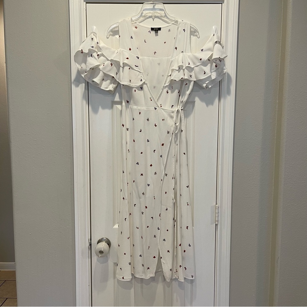 AFRM Midi Wrap Dress Women’s Small White Ruffles Butterflies Snakes Feminine